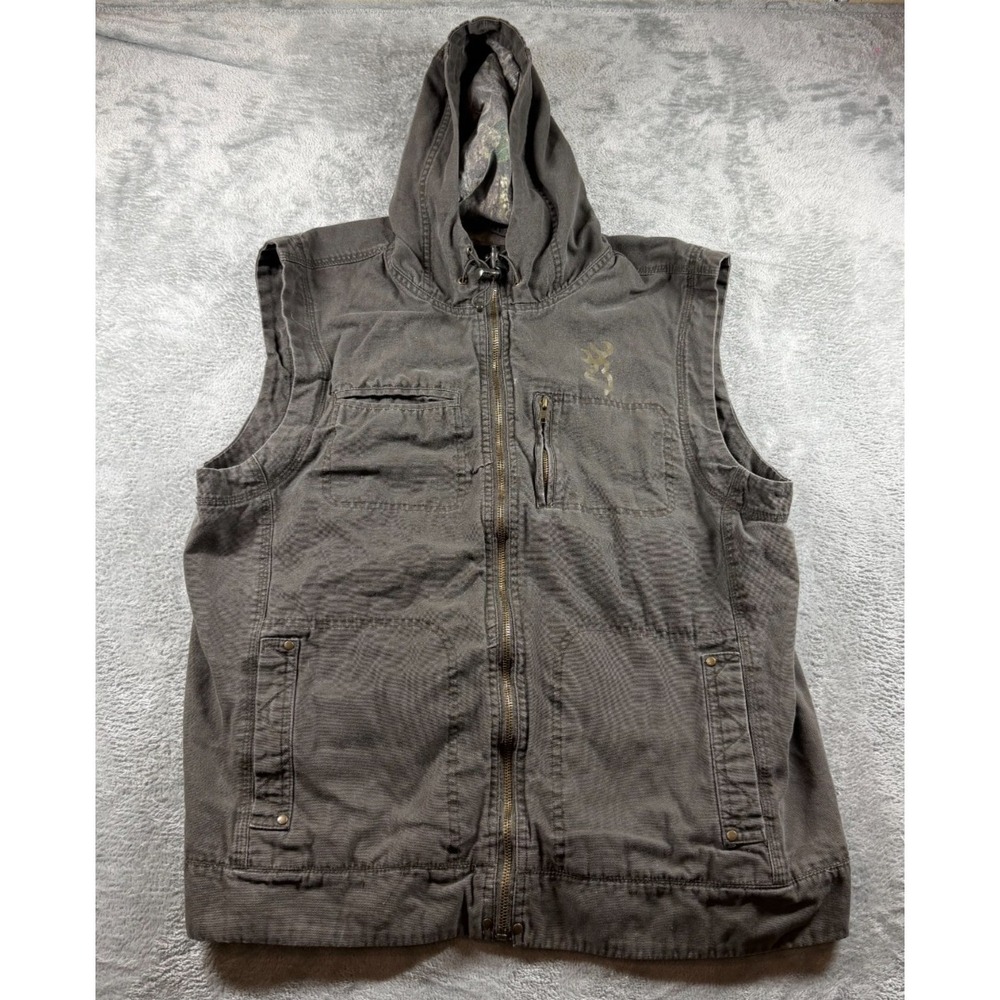 Browning Hooded Vest Mens Large Gray Canvas Camo Lined Hunting